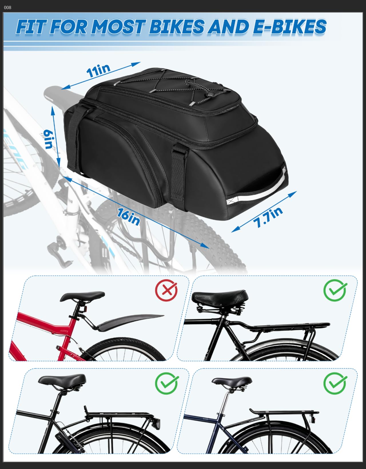 Bike Rear Rack Bag with Reflective Strips & Straps