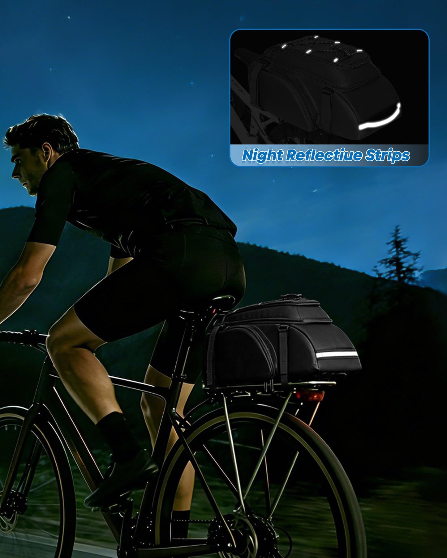 Bike Rear Rack Bag with Reflective Strips & Straps