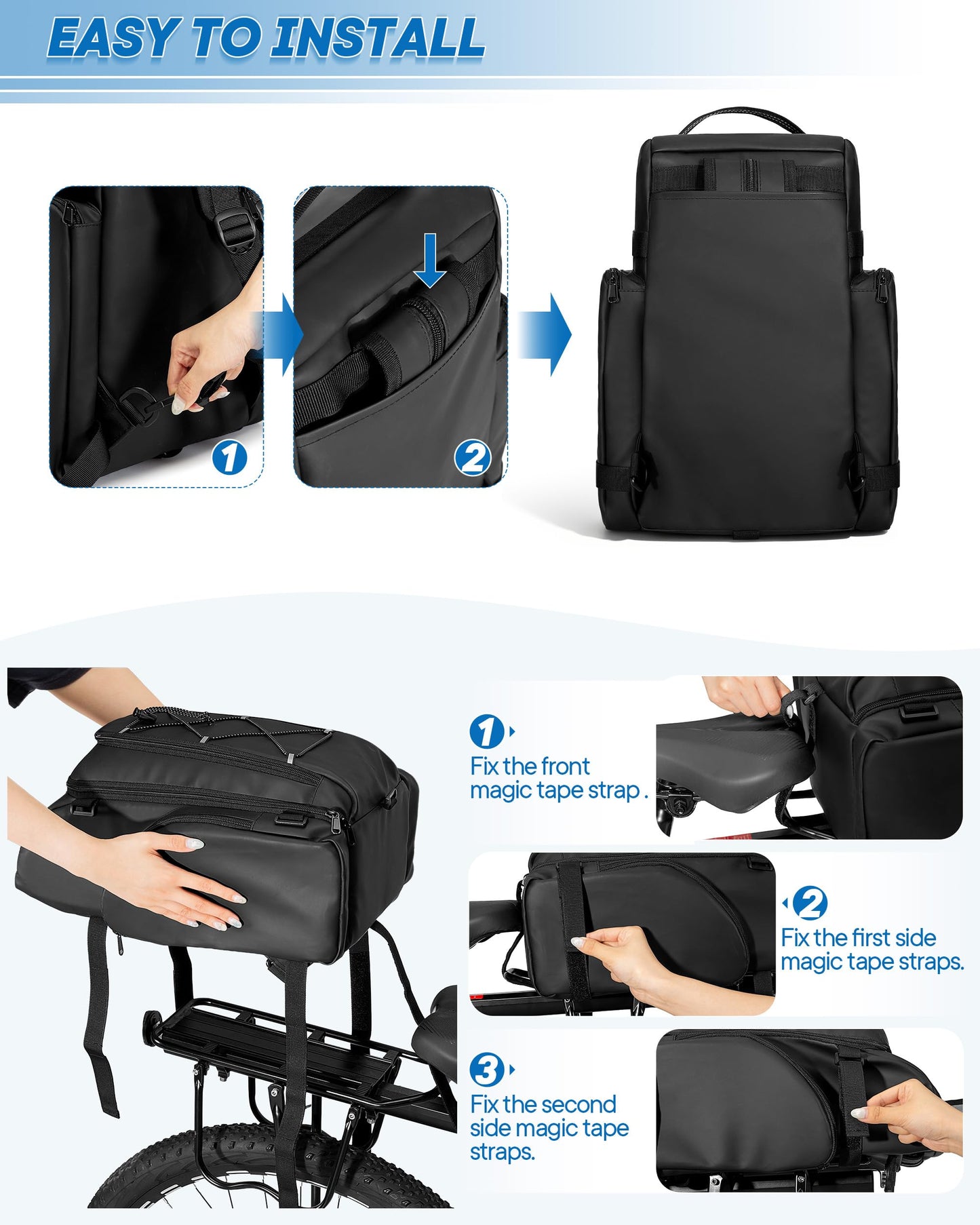 Bike Rear Rack Bag with Reflective Strips & Straps