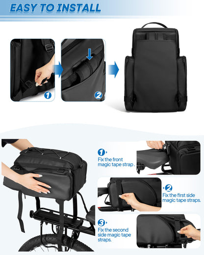 Bike Rear Rack Bag with Reflective Strips & Straps